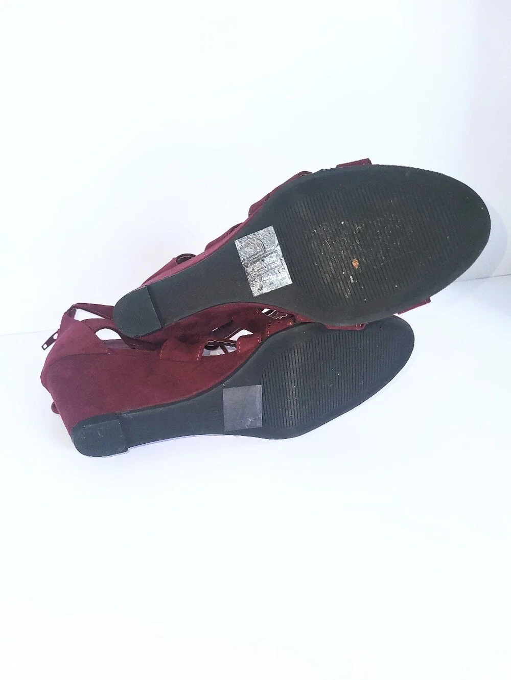 Charlotte Russe Burgundy Vegan Suede Lace Up Open Wedge Heel Size 9